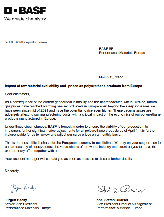 自4月1日起！巴（bā）斯夫將對歐洲市場（chǎng）所（suǒ）有聚氨酯產品漲價