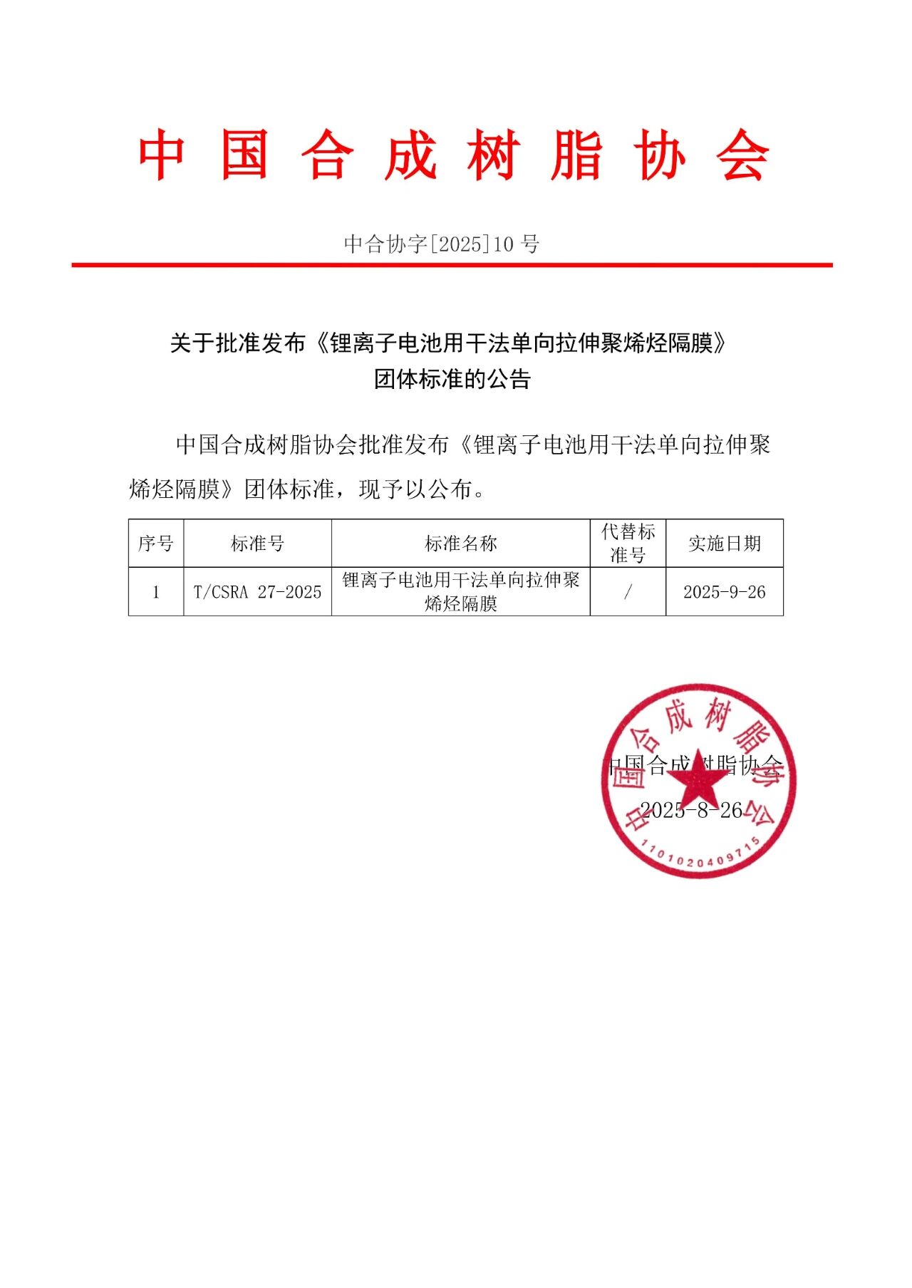 團體標準 | 關於批準公布《鋰離子電池用幹法（fǎ）單向拉伸聚烯烴（tīng）隔膜》的公告